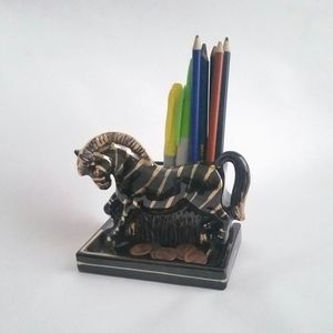 Vintage Desk Caddy Black Gold Zebra Mid Century